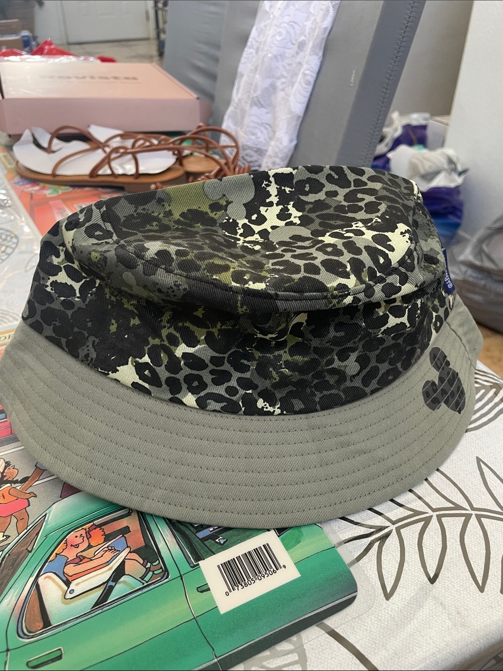 Disney Kids Bucket Hat in Olive Green and Black Leopard Print
